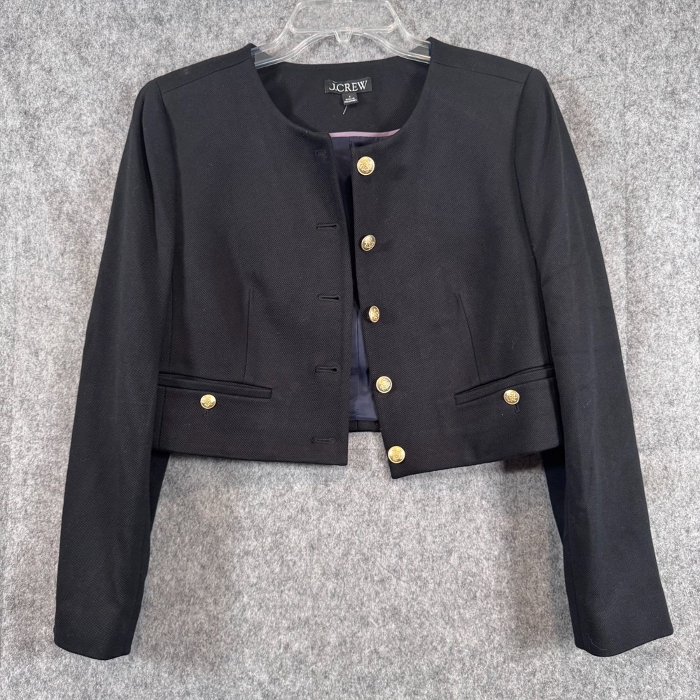 J Crew Cropped Lady Jacket Womens 6 Twill Black Gold Crest Button Nautical Prep